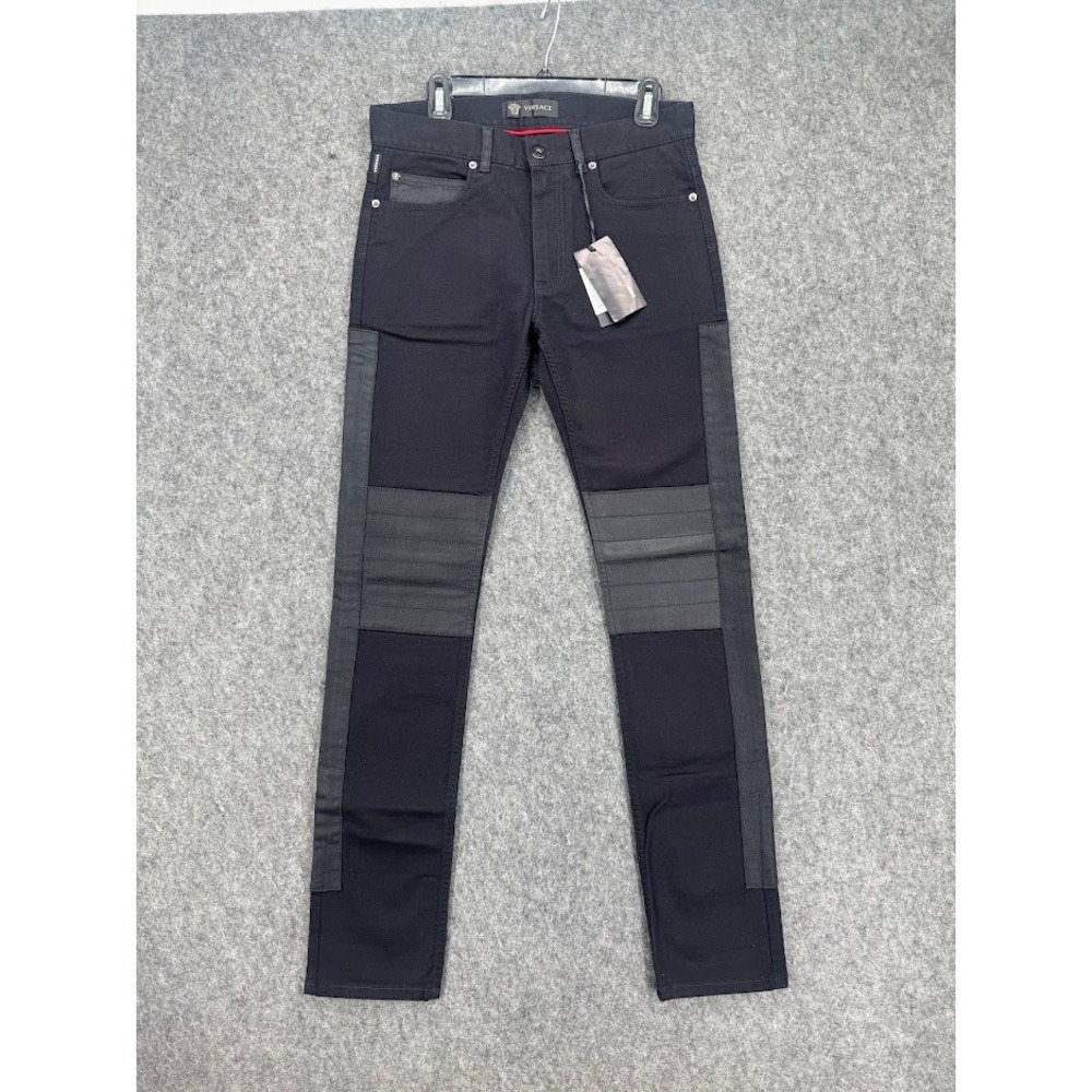 Versace Taylor Fit Mens Biker Jeans Black Moto Ribbed Knee Denim New W/ Tags